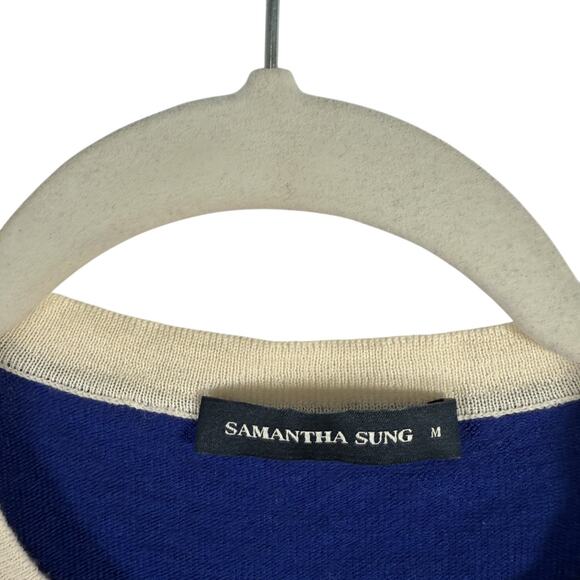 Samantha Sung Blue Cream Cardigan Crop Sweater 100% Wool Preppy Womens Medium - Picture 3 of 5
